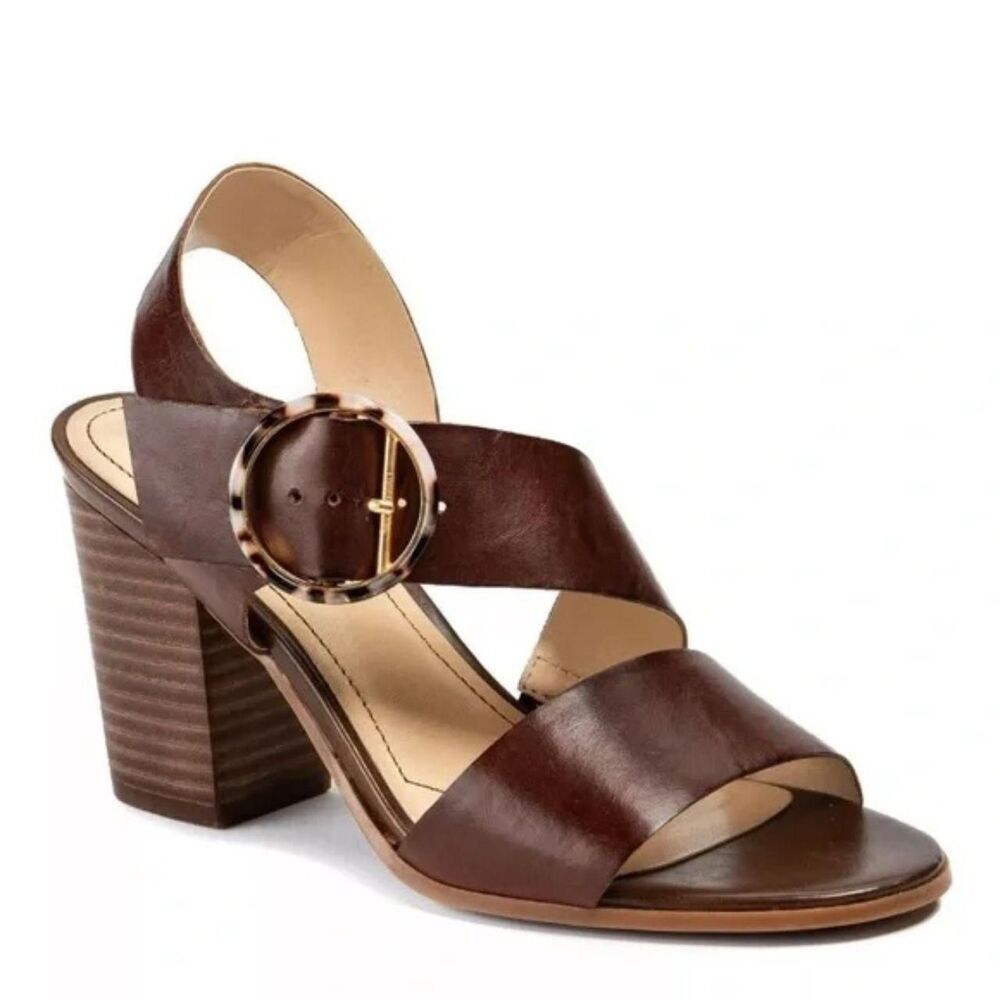 Lucca Lane Dark Brown Leather Tortoise Clasp Lace Up Chunky Heel Sandals US 8.5